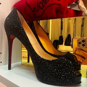 Christian Louboutin Lady Peep Strass Swarovski Crystal Platform Heels 38